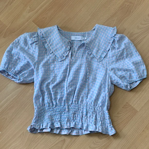 Greylin Blue and Pink Gingham Checkered Smocked Blouse Top Size S - Picture 11 of 14